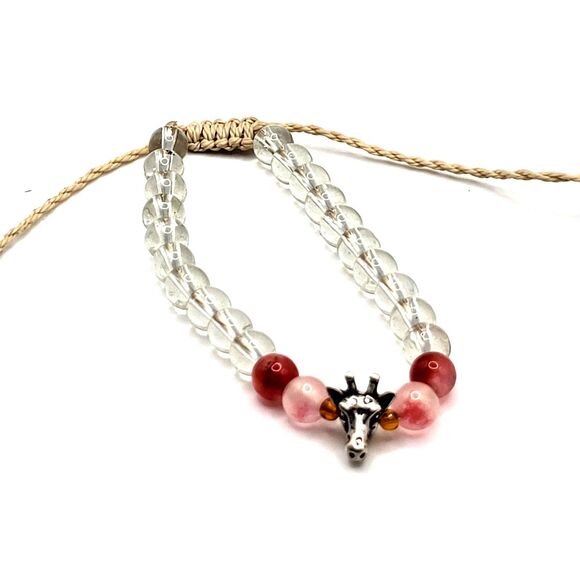 beaded bracelet clear quartz rose quartz silver-toned giraffe charm adjustable - Picture 2 of 3